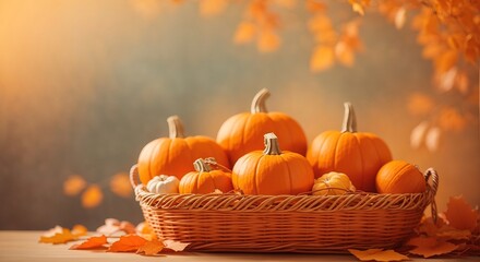 Basket of pumpkin on light orange peaceful background