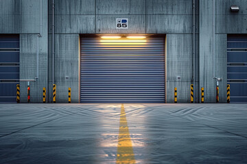 front view industrial roller door in a grey concrete building. exterior of commercial building design - obrazy, fototapety, plakaty
