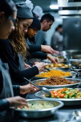 People of different backgrounds serving meals at a homeless shelter, showcasing community support...