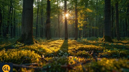 Beautiful forest in spring with bright sun shining through the trees, Forest with Sun