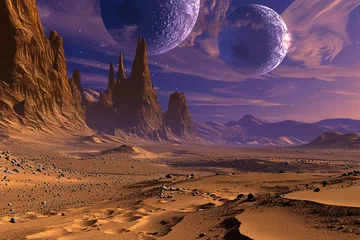 Tuinposter Artistic rendering of an extraterrestrial desert combining elements of science fiction and fantasy to depict a vast uninhabited landscape under a dual moon sky highlighting its mysterious and © JR-50