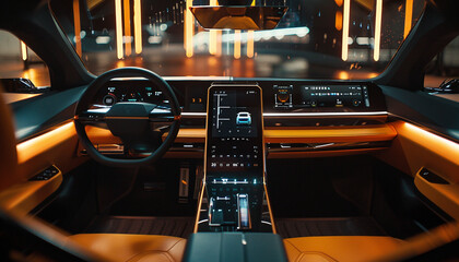 Close up shot of the interior of a driverless car focusing on the sophisticated dashboard and the AI interface that controls the vehicle highlighting the absence of a steering wheel to emphasize