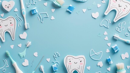 A paper crafted background with cute doodles of toothbrushes, toothpaste, and dental floss. The text space can be in the shape of a tooth - obrazy, fototapety, plakaty