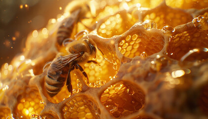 Close up shot of a worker bee meticulously crafting a honeycomb highlighting the precision and natural engineering of the hexagonal structures with droplets of honey glistening in the sunlight