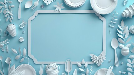 A paper crafted background with drawings of plates, cutlery, and food items. The text space can be in the shape of a plate