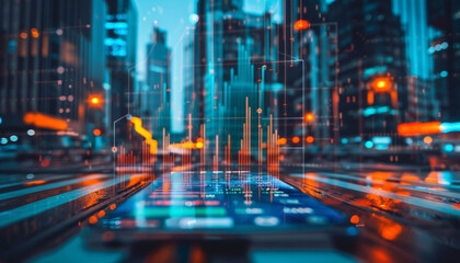 Close up view of a smartphone displaying a digital banking app with holographic financial charts floating above it set against the backdrop of a busy cityscape symbolizing the accessibility - obrazy, fototapety, plakaty
