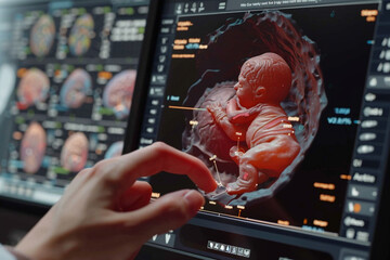 High definition image of a 3D ultrasound screen showing a detailed view of a fetus in the womb capturing the intricate development stages with annotations pointing to key features and growth - obrazy, fototapety, plakaty