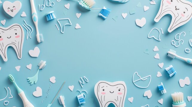 A paper crafted background with cute doodles of toothbrushes, toothpaste, and dental floss. The text space can be in the shape of a tooth