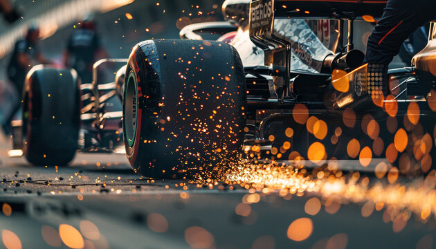 Close up view of an F1 car on the pit stop focusing on the teams precision work showcasing the intricate engineering of the wheels and chassis with sparks flying as the car prepares to rejoin the