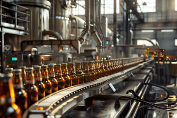 Photorealistic depiction of an automated bottling line in a beer factory with bottles being filled capped and labeled at high speed emphasizing efficiency and precision in beer production