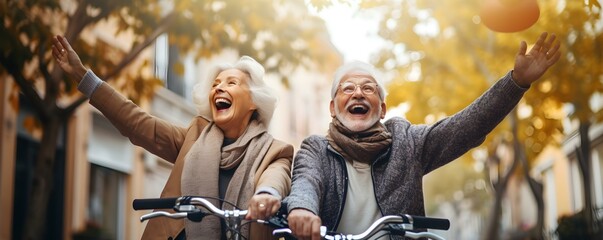 Elderly couple happily highfiving outside with bikes embracing active healthy lifestyle. Concept Outdoor Photoshoot, Elderly Couple, Healthy Lifestyle, Biking, High Five - obrazy, fototapety, plakaty