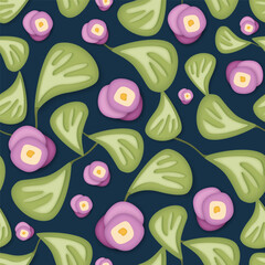 Green and purple floral vector seamless pattern with drop shadow effect on dark blue background. Attractive art texture for printing on various surfaces or use in graphic design
