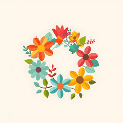 A cheerful and colorful floral wreath, composed of various stylized flowers and leaves, on a light neutral background.
