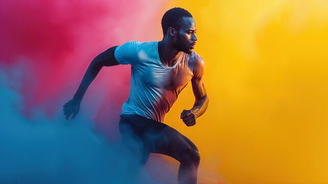 Dynamic male athlete sprinting against vivid colorful backdrop, expressing energy and speed in a creative sports concept