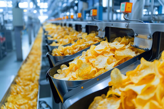 Ultra high definition image of automated packaging machinery at work in a food production facility sealing and labeling bags of chips with the focus on the precision of the sealing