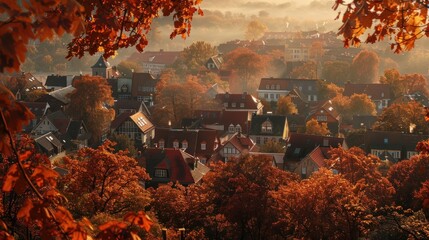 Elevated view of autumnal cityscape with residential buildings