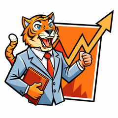A fierce tiger in a business suit, roaring with confidence as it presents a sales chart, pop art style