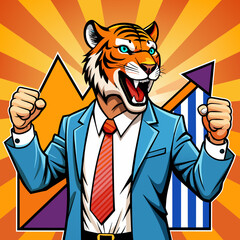 A fierce tiger in a business suit, roaring with confidence as it presents a sales chart, pop art style