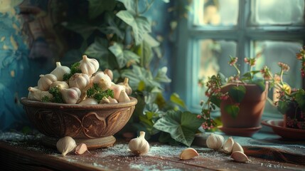 Culinary still life with aromatic garlic cloves and ivy