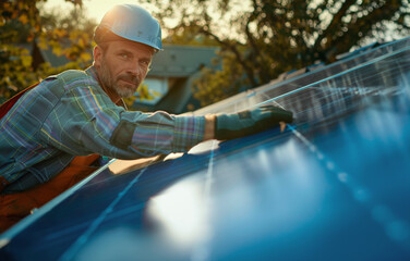 Homme installant un panneau solaire photovoltaique sur le toit d'une maison individuelle - 740789805