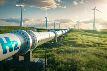 Réseau de distribution et de production d'énergie verte avec un pipeline a hydrogene traversant un superbe paysage avec des éoliennes