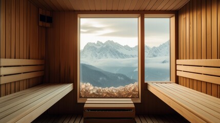 Luxurious infrared sauna with a majestic mountain view, providing a serene setting for relaxation and rejuvenation therapy