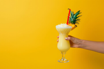 Pina colada. Woman hand holding cocktail in tall glass on color background. Pina colada cocktail summer time - vacation. Traditional caribbean cocktail pina colada - obrazy, fototapety, plakaty