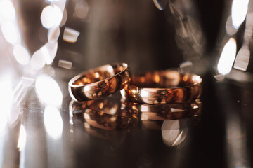 Stylish wedding rings in smoke. Promises engagement. Luxury marriage and wedding accessory concept....