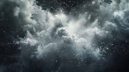 Abstract wide horizontal design of white powder snow cloud explosion on dark background
