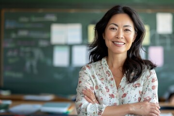 a photo portrait of a beautiful adult asian school teacher standing in the classroom - obrazy, fototapety, plakaty