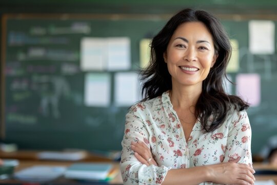 a photo portrait of a beautiful adult asian school teacher standing in the classroom
