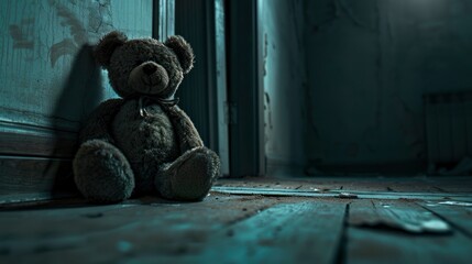 A teddy bear left alone in a dark room, symbolizing the impact of childhood trauma on mental health