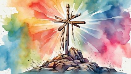 Illustrative portrayal of the Cross of Jesus on a dynamic and colorful watercolor background.  - obrazy, fototapety, plakaty