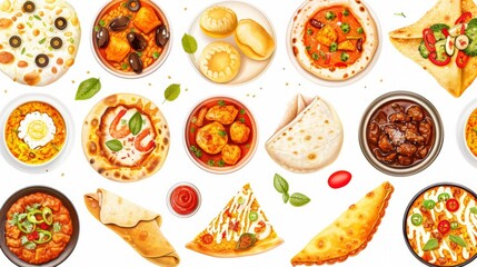 Desi, Indian traditional food set, top view. pizza, hummus, biryani, chicken curry, momos, tikka, korma, samosas. Food collection set isolated on white background. - obrazy, fototapety, plakaty