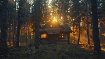 Fotobehang A cabin in the woods, surrounded by tall pine trees, capturing the intricacies of the wooden exterior and the play of sunlight filtering through the branches. © Adnan Bukhari