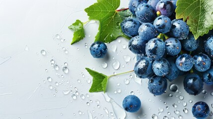 Grapes isolated. A bunch of ripe blue grapes with leaves in water drops on a white background.