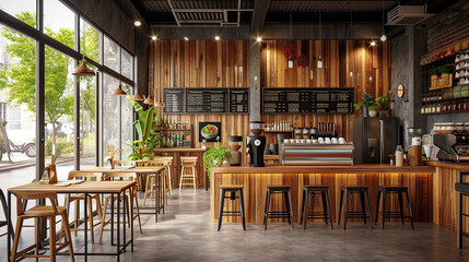 coffee shop interior design with wooden interiors. indoor interior cozy luxury retro wooden cafe coffee shop