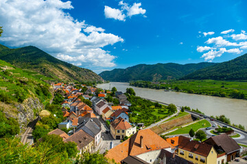 Panorama of Wachau valley with Danube river near Duernstein village in Lower Austria. Traditional...
