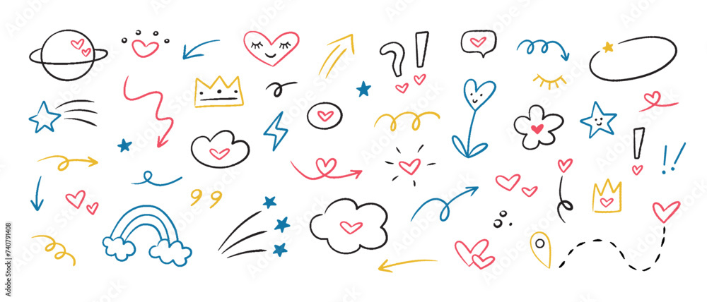 Poster Colorful set of doodle vector elements. Hand drawn collection simple elements with hearts isolated on white background.