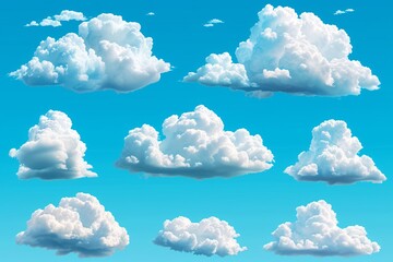 3D cumulus clouds in bubble form on a blue summer sky, with realistic weather symbols and a nature-inspired cloudscape.