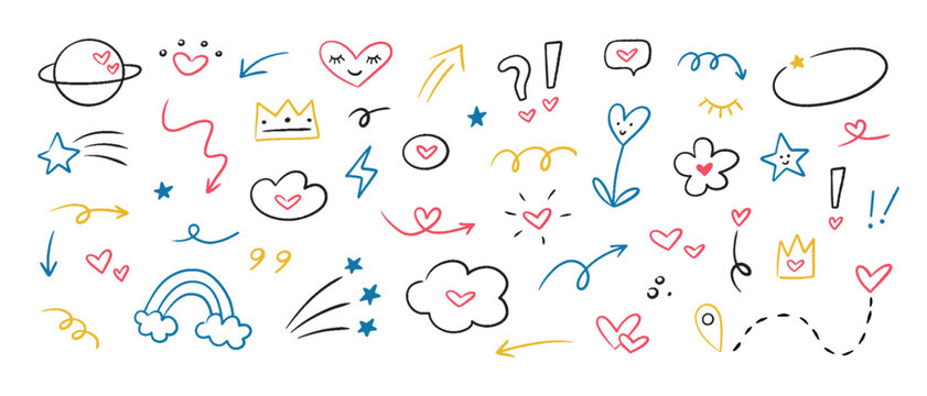 Colorful set of doodle vector elements. Hand drawn collection simple elements with hearts isolated on white background.