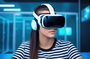 Girl in virtual reality glasses at school in striped t-shirt, VR headset, virtual reality, immersive spaces