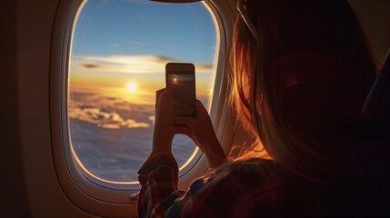 Fototapeta na wymiar A woman captures the scenic view from her window seat on a flight using her phone's camera, while enjoying the in-flight internet.