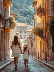 A traveler mother and her child strolling through the tight alleys of Nice, France. Family holiday idea.