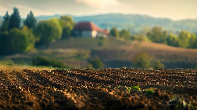 Selective blur on furrows on a Agricultural landscape near a farm, a plowed field in the countryside of Titelski, Serbia,