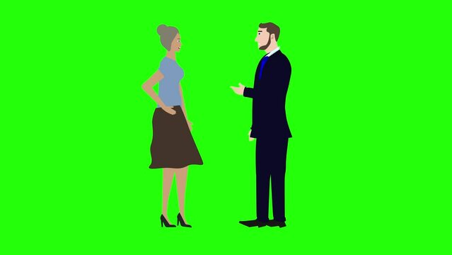 Animation with man and woman character talking each other chroma key, green screen, for explainer videos