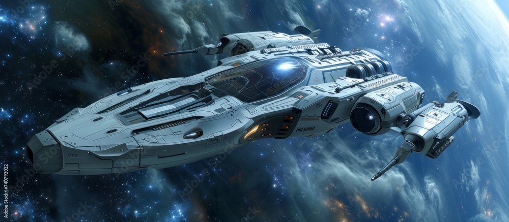Poster exploring the vast universe: a futuristic spaceship journeying through the endless space