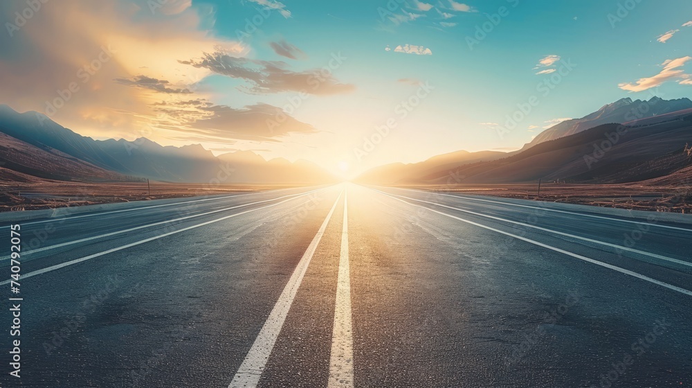 Wall mural straight asphalt road and mountain with sky clouds background at sunset