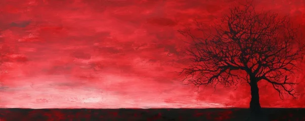 Photo sur Aluminium Rouge 2 A Painting of a Red Sky With a Lone Tree