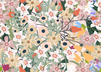 Seamless Pattern Beautiful blossom spring flowers on pink background,Vector illustration Summer backdrop of cute pattern blooming  flora,Flat design of Beautiful botanical